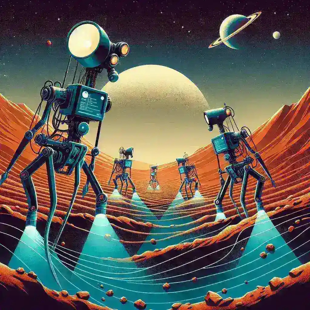 "AI-powered robotic probes exploring Martian regolith to detect water ice, showcasing advanced technology and space exploration."